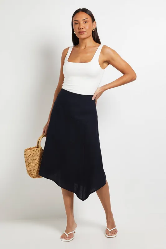 Debenhams Women's Linen Blend Dipped Hem Skirt in Navy Size: 16 - Navy - Size: 16