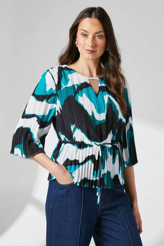 Debenhams Women's Printed Pleated Drawstring Waist Crepe Top in Green Size: 12 - Green - Size: 12