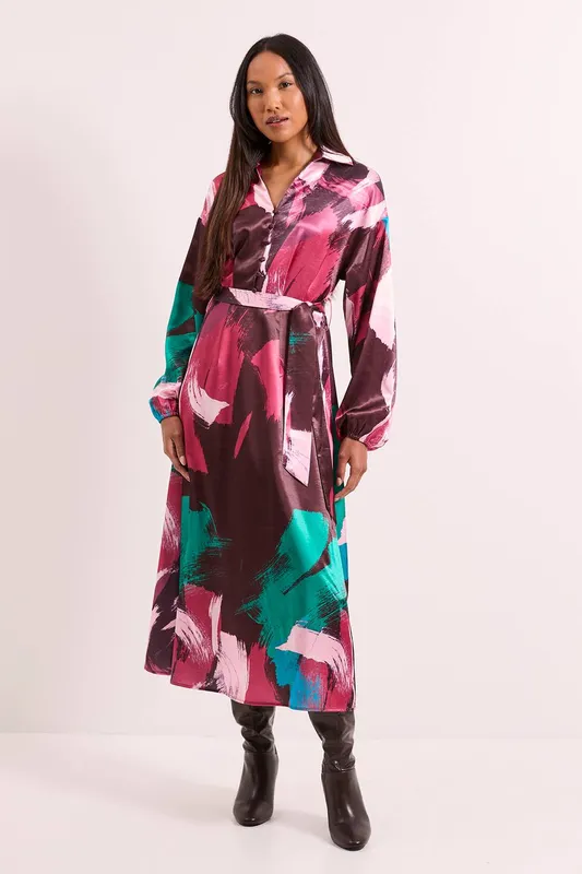 Debenhams Women's Printed Wrap Tie Waist Satin Shirt Dress in Plum Size: 14 - Plum