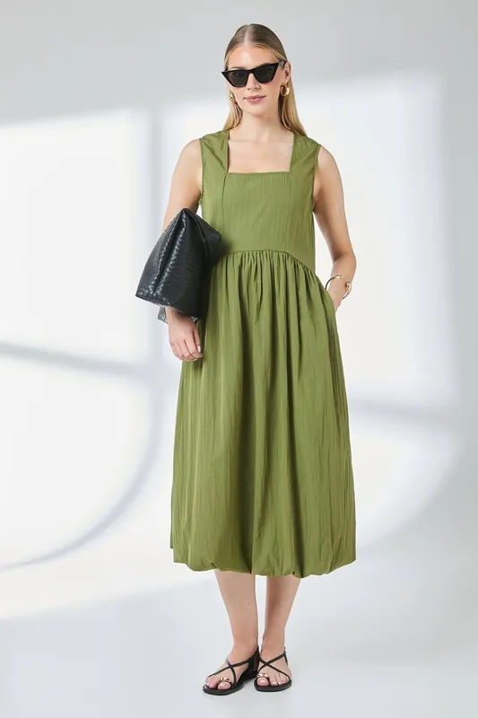 Debenhams Women's Square Neck Parachute Midi Dress in Khaki Size: 10 - Khaki