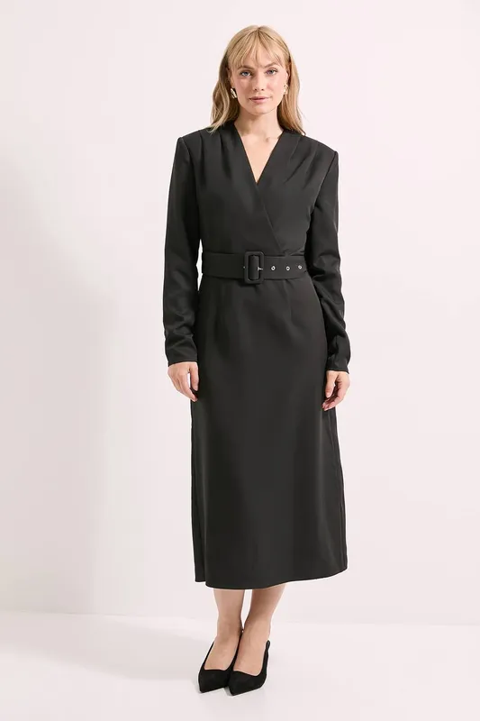 Debenhams Women's Tailored Crepe Belted Midi Dress in Black Size: 10 - Black - Size: 10