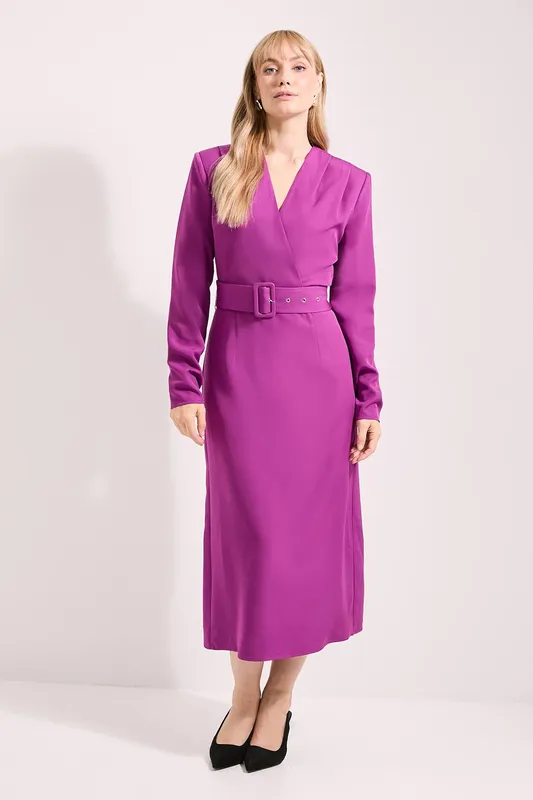 Debenhams Women's Tailored Crepe Belted Midi Dress in Magenta Size: 10 - Magenta