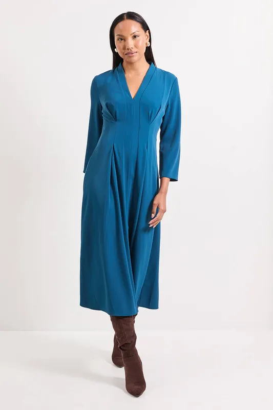 Debenhams Women's Tailored Crepe Fit & Flare Midi Dress in Teal Size: 14 - Teal