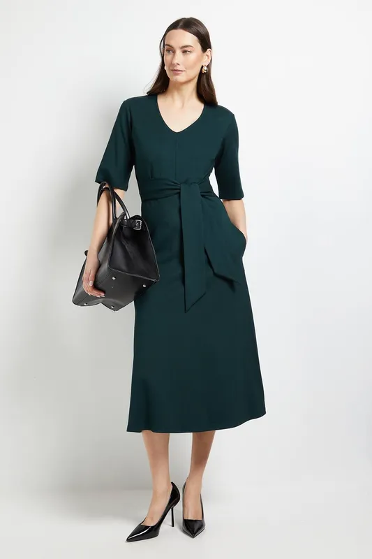 Debenhams Women's Tailored Ponte Belted Midi Dress in Forest Size: 16 - Forest