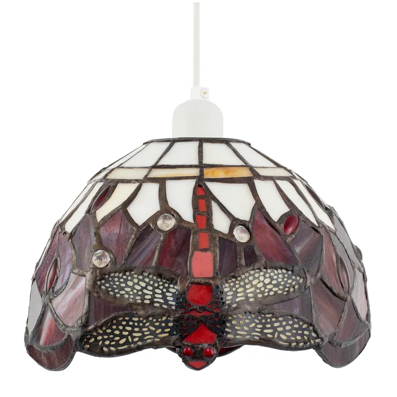 Happy Homewares Deep Red & White Stained Glass Dragonfly Tiffany Pendant Shade Red