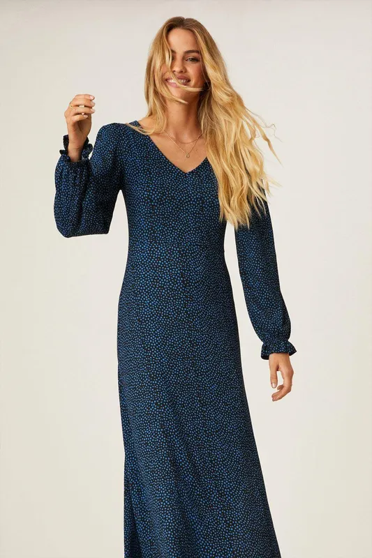 Dorothy Perkins Women's Blue Spot V Neck Midi Dress Size: 8 - Blue - Size: 8
