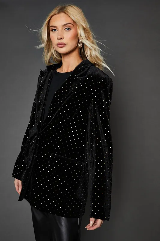 Dorothy Perkins Women's Diamante Velvet Blazer in Black Size: 10 Black female