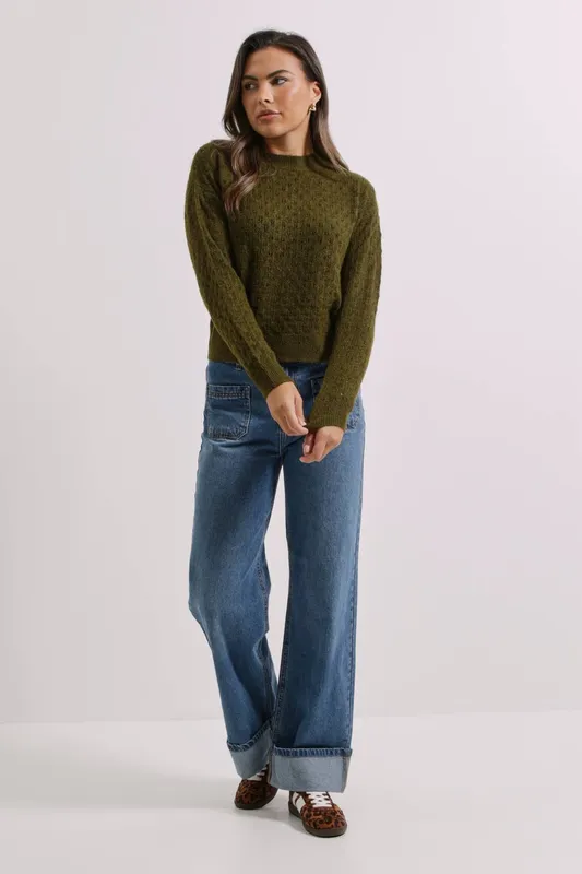 Dorothy Perkins Women's Khaki Pointelle Jumper Size: XL - Khaki