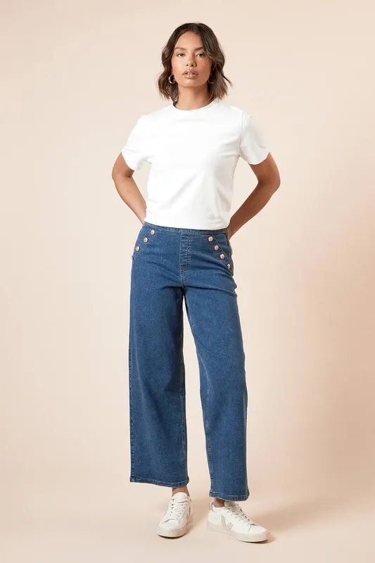 Dorothy Perkins Women's Military Button Detail Wide Leg Jean in Mid Blue Size: 8 Mid Blue 8