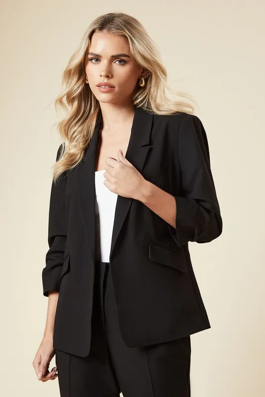 Dorothy Perkins Women's Petite Black Ruched Sleeve Blazer Size: 6 - Black