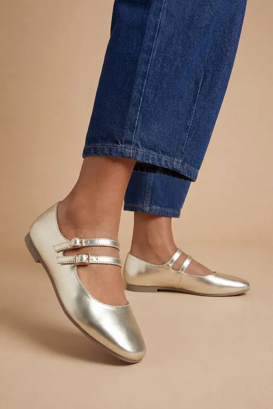Dorothy Perkins Women's Shirley Faux Patent Leather Double Buckle Flat Ballerinas in Gold Size: 5 Gold 5