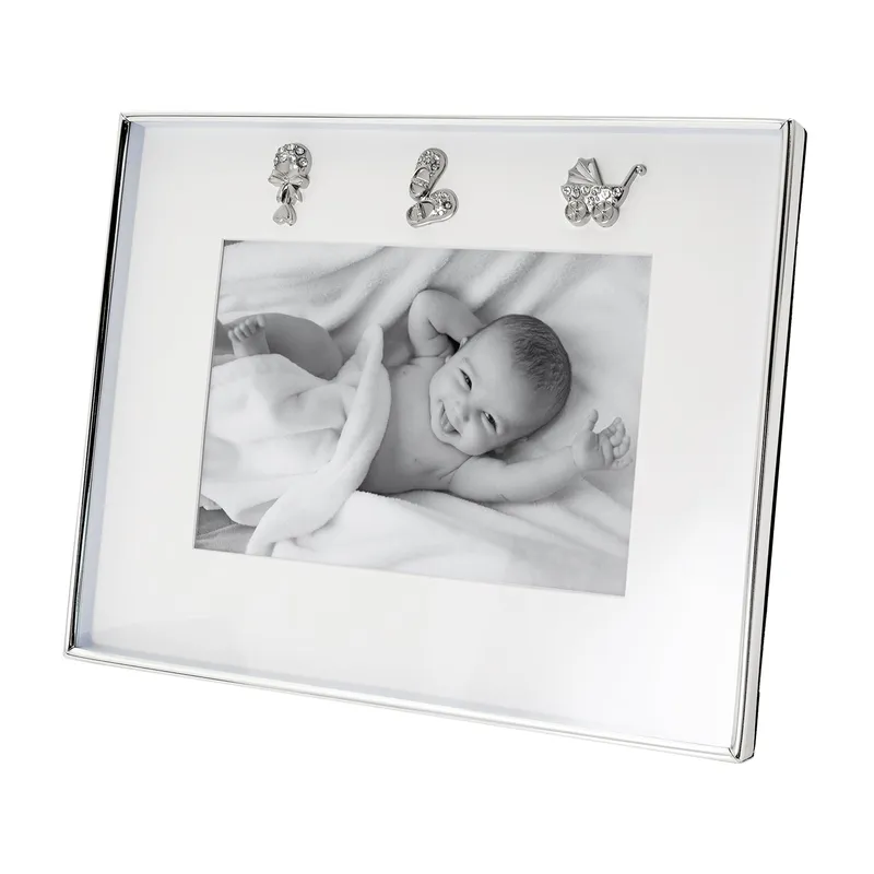 Modern Baby Picture Frame in Silver Plating with Pram Booties and Rattle Icons