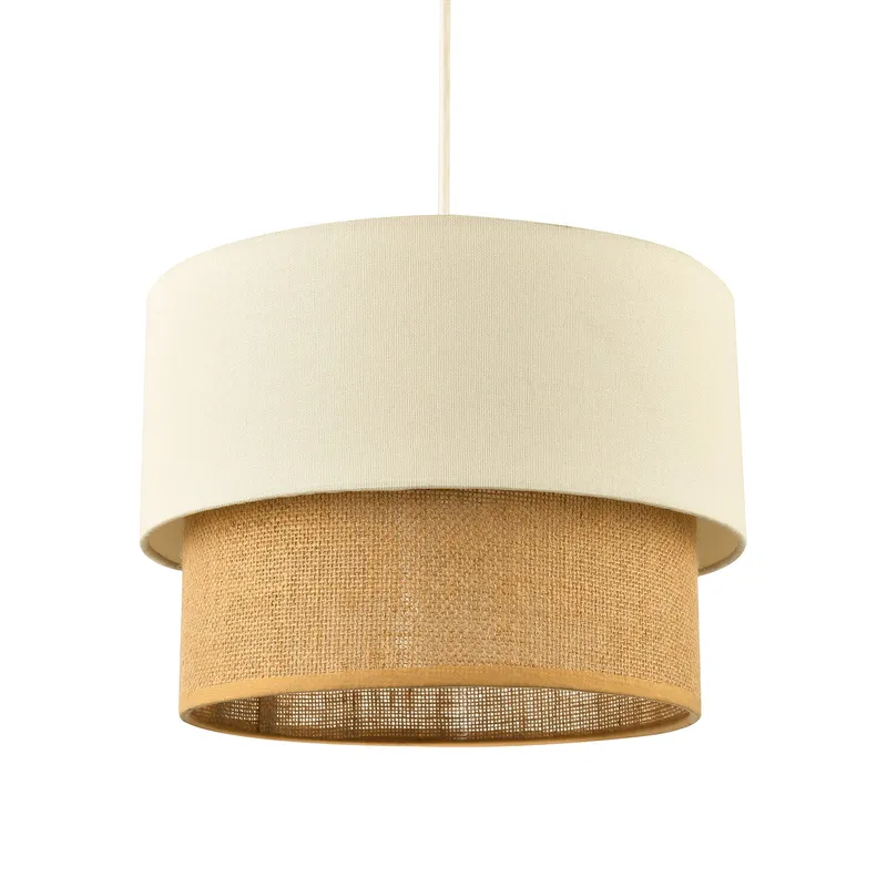 Happy Homewares Modern Designer Two Tier Cream Linen & Natural Rattan Pendant Shade in Brown Brown