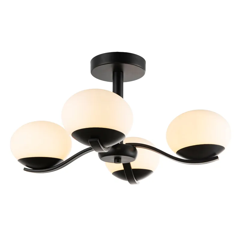 Happy Homewares Modern Matte Black Ceiling Light with Four Opal Oval Glass Shades Black