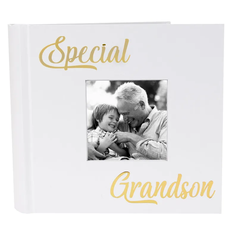 Happy Homewares Modern Special Grandson Photo Album with Gold Foil Text - Holds 80 4x6 Pictures in White White