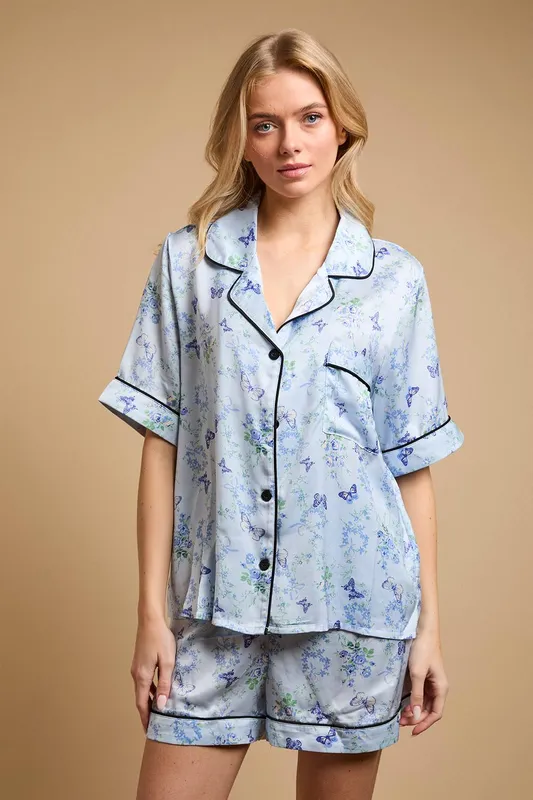 Oasis Women's Blue Butterflies Satin Nightwear Shorts Set Size: Large - Blue