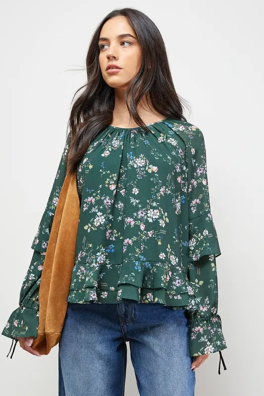 Oasis Women's Boho Ruffle Top in Floral Size: 14 - Floral