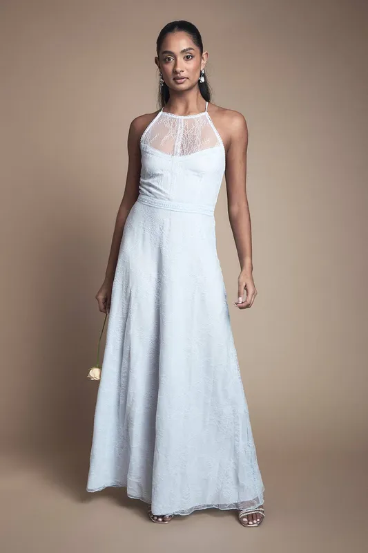 Oasis Women's Delicate Lace Apron Neck Maxi Bridesmaid Dress in Light Blue Size: 12 - Light Blue - Size: 12