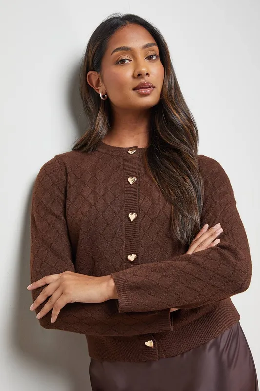 Oasis Women's Heart Button Crew Neck Cardigan in Chocolate Size: Small Chocolate