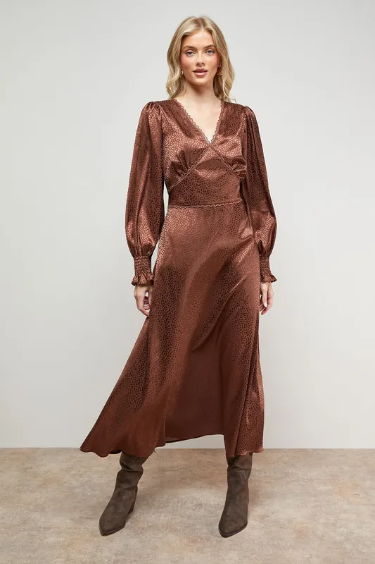 Oasis Women's Jacquard Satin Midi Dress in Chocolate Size: 8 Chocolate 8