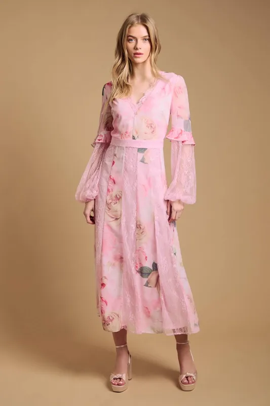 Oasis Women's Lace Panel Midi Dress in Pink Size: 6 - Pink