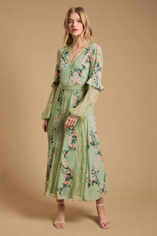 Oasis Women's Lace Panel Midi Dress in Sage Size: 10 - Sage - Size: 10