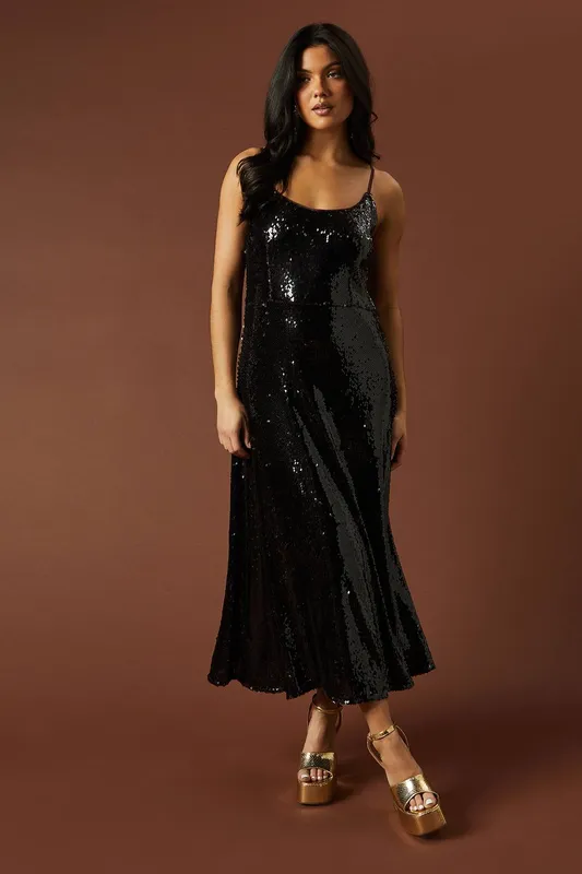 Oasis Women's Occasion Clear Sequin Strappy Maxi Dress in Chocolate Size: 12 - Chocolate