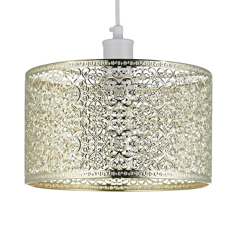 Happy Homewares Ornate Moroccan Style Decorated Metal Pendant Lighting Shade in Gold Gold