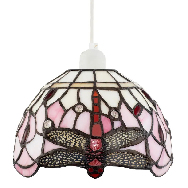 Pale Pink and White Stained Glass Dragonfly Tiffany Pendant Shade