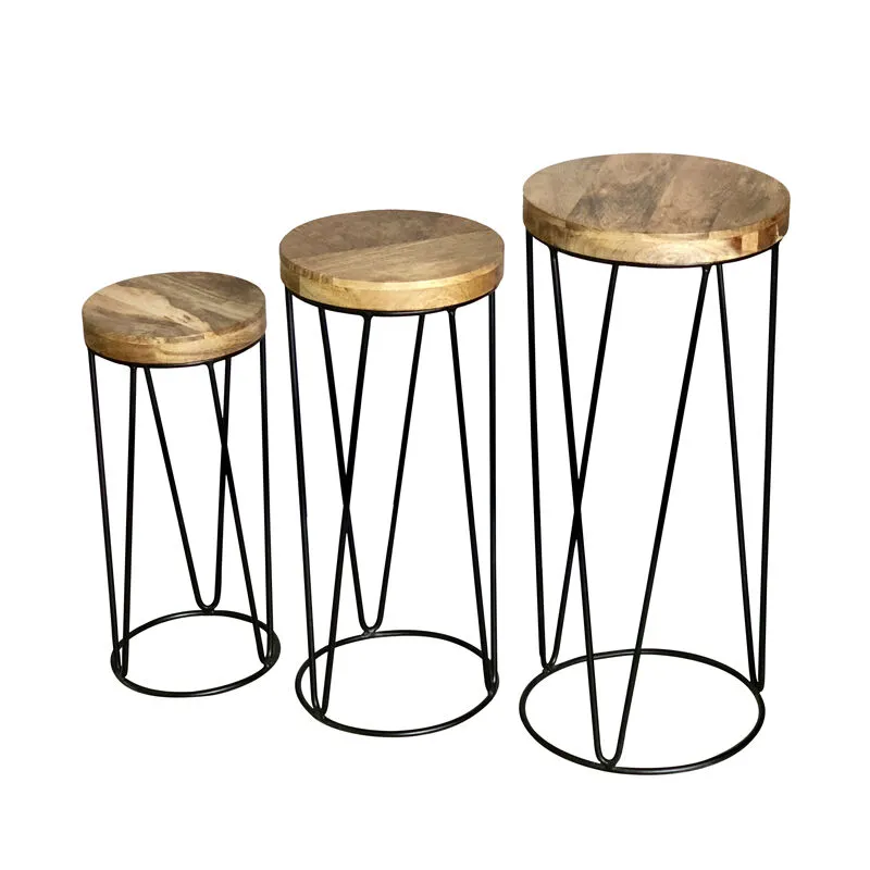 Ravi Iron Base Solid Wood Top Round Stool (Set of 3) - L30 x W30 x H69 cm - Mango Light Finish