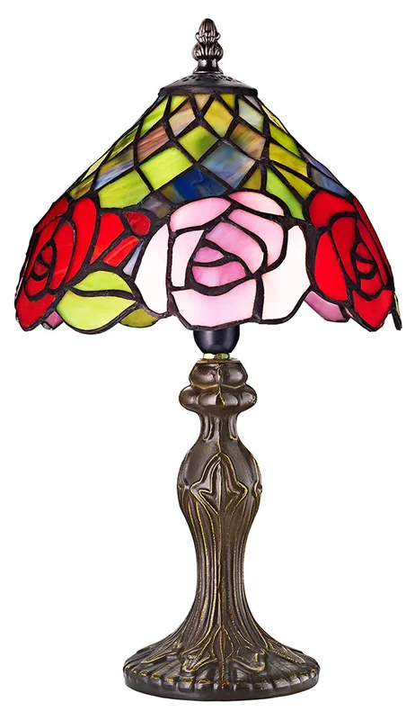 Happy Homewares Red & Pink Rose Decorated Stained Glass Tiffany Lamp Red