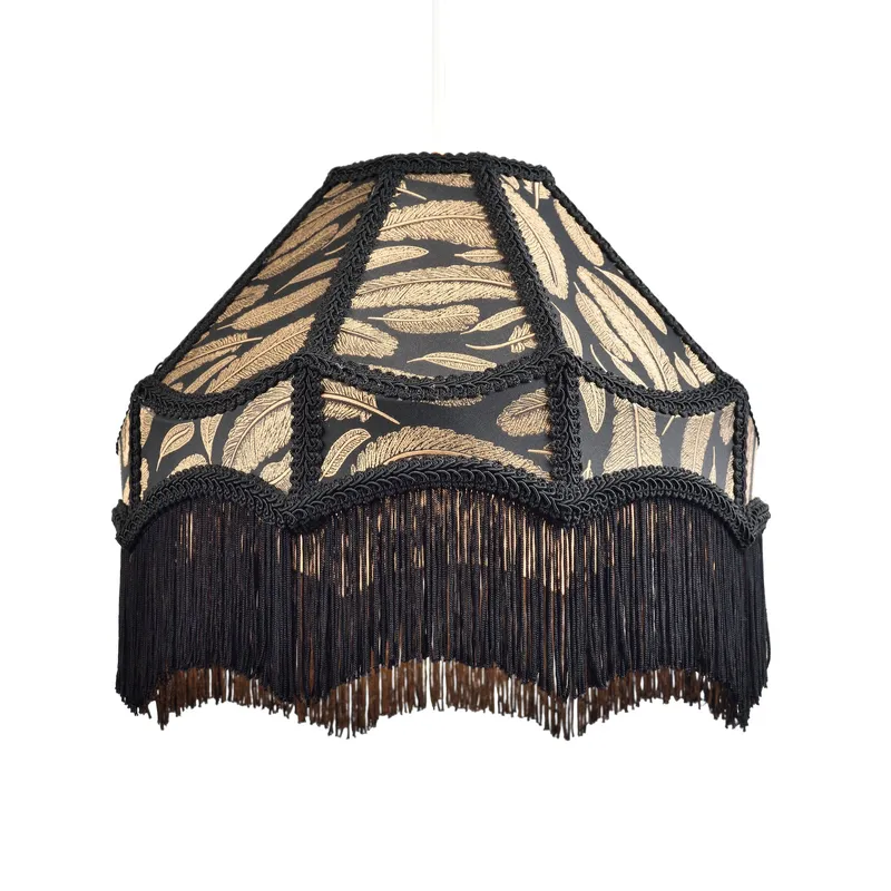 Happy Homewares Traditional Black Victorian Empire Pendant Shade with Tassels & Golden Leaves Black