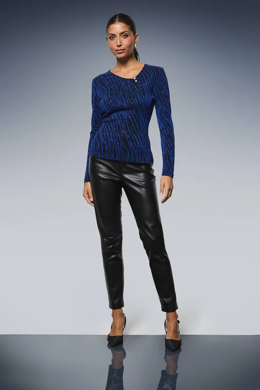 Wallis Women's Abstract Metallic Jersey Bar Detail Top in Blue Size: 8 - Blue