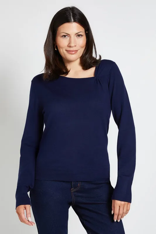 Wallis Women's Asymetric Gathered Knitted Jumper in Midnight Size: Large - Midnight