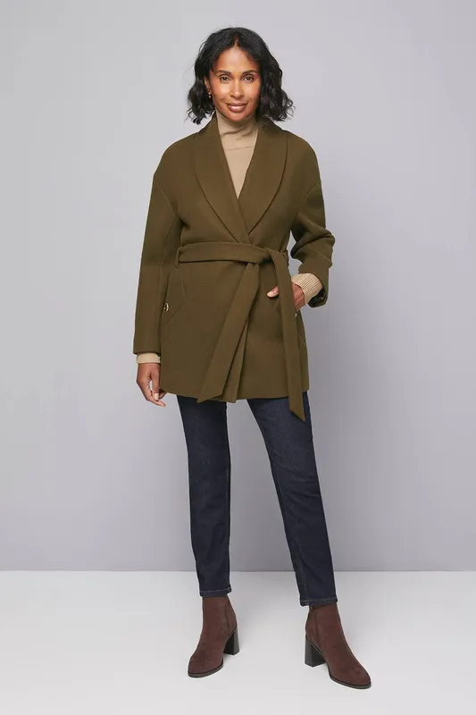 Wallis Women's Belted Shawl Collar Coat in Olive Size: 14 - Olive
