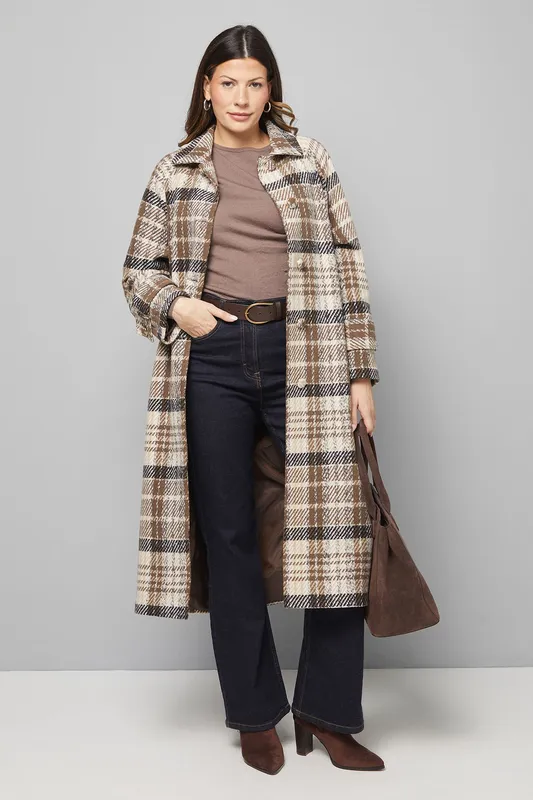 Wallis Women's Button Through Check Coat in Brown Size: 12 Brown 12