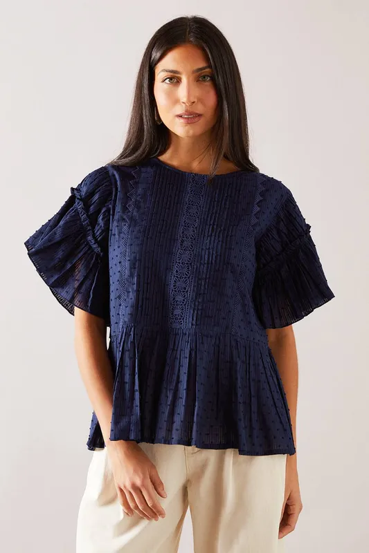 Wallis Women's Dobby Lace Detail Top in Navy Size: 20 Navy female