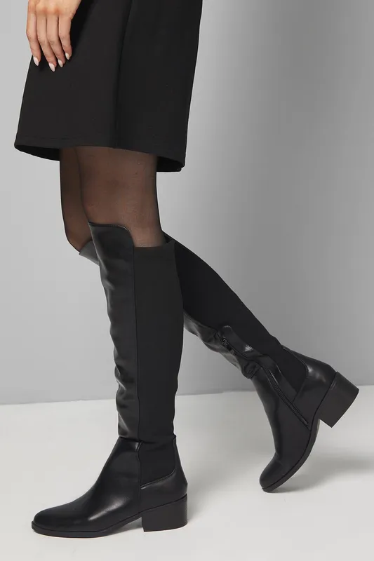 Wallis Women's Hannah Stretch Back Almond Toe Low Heel Knee Boots in Black Size: 4 - Black - Size: 4