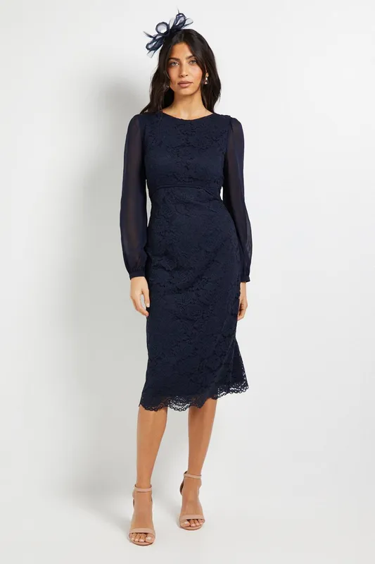 Wallis Women's Lace Chiffon Cowl Back Pencil Dress in Navy Size: 20 - Navy - Size: 20