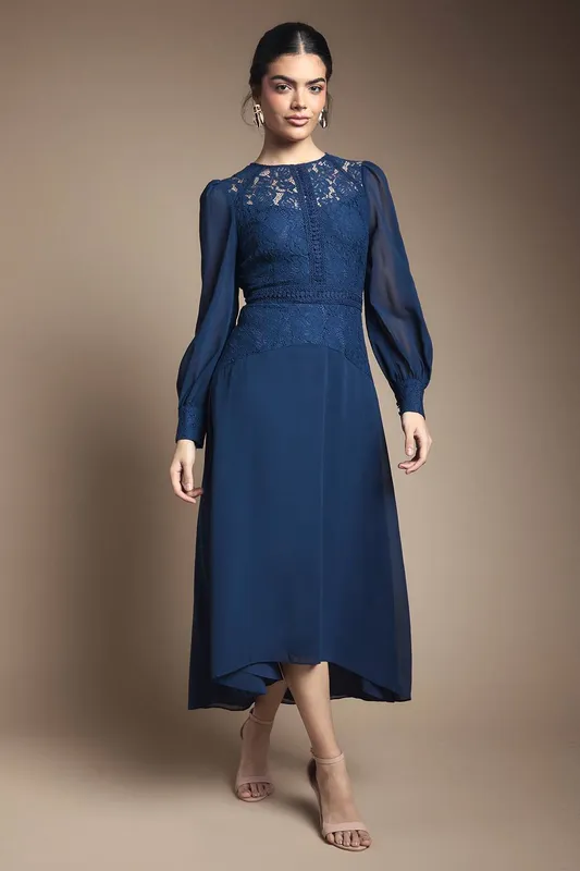Wallis Women's Lace Insert Chiffon Midi Dress in Navy Size: 12 - Navy - Size: 12