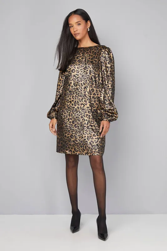 Wallis Women's Leopard Metallic Cowl Shift Dress in Gold Size: 14 Gold 14