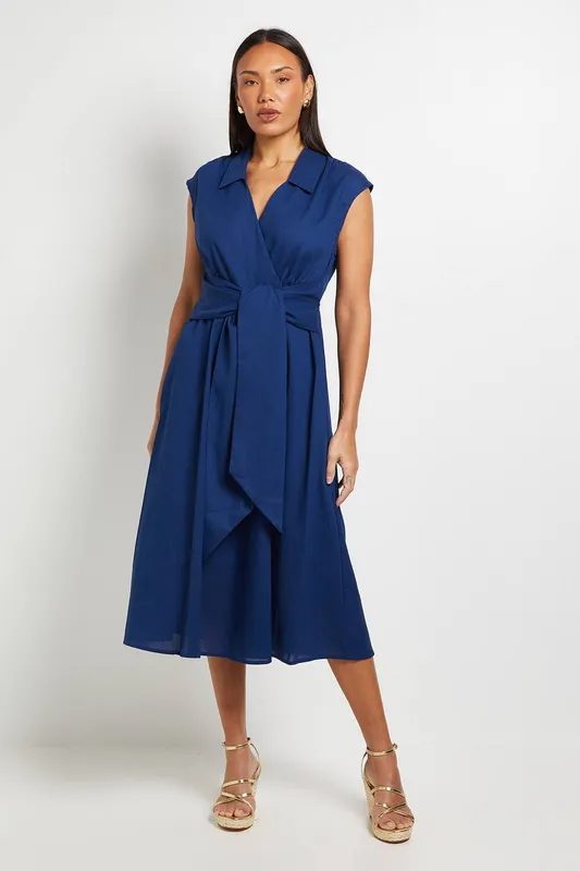 Debenhams Women's Linen Blend Belted Midi Dress in Navy Size: 10 - Navy