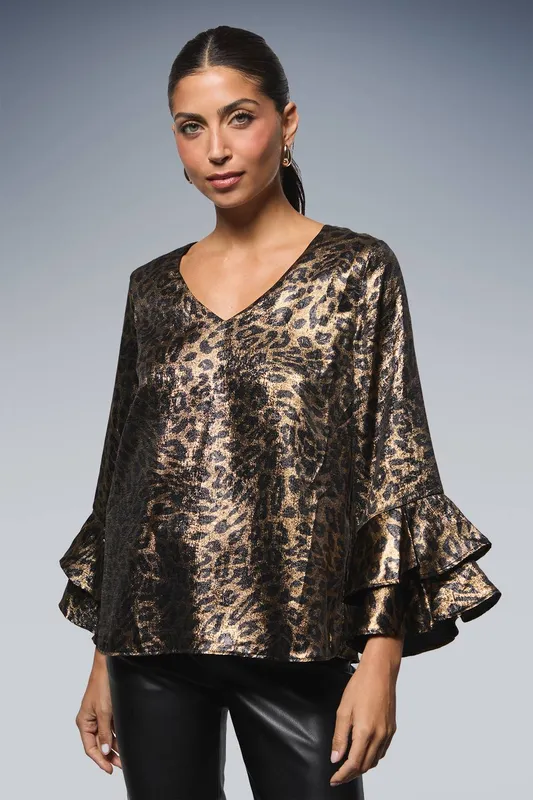 Wallis Women's Metallic Leopard Flute Sleeve Top in Gold Size: 10 Gold 10