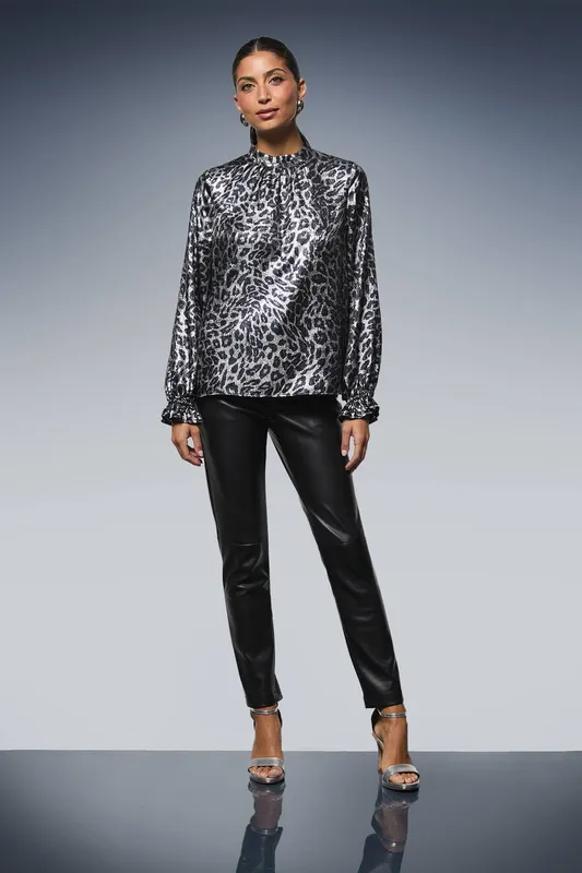 Wallis Women's Metallic Leopard Long Sleeve Blouse in Silver Size: 8 - Silver - Size: 8