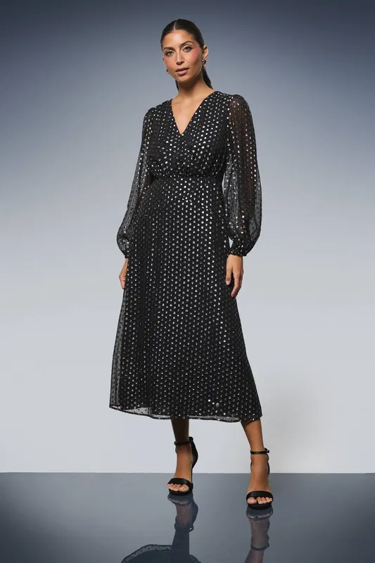 Wallis Women's Metallic Spot Midi Dress in Black Size: 10 Black 10 female