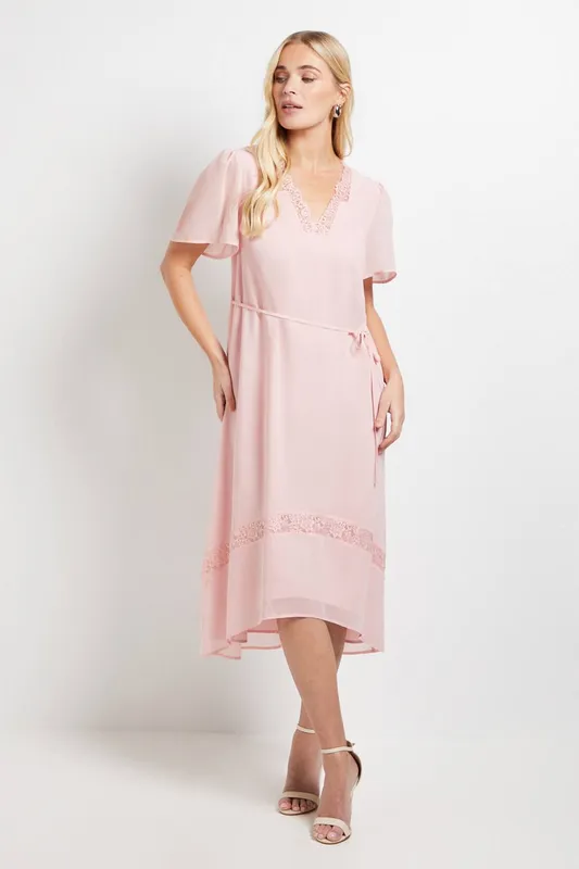 Wallis Women's Petite Chiffon Lace Insert Midi Dress in Blush Size: 12 - Blush