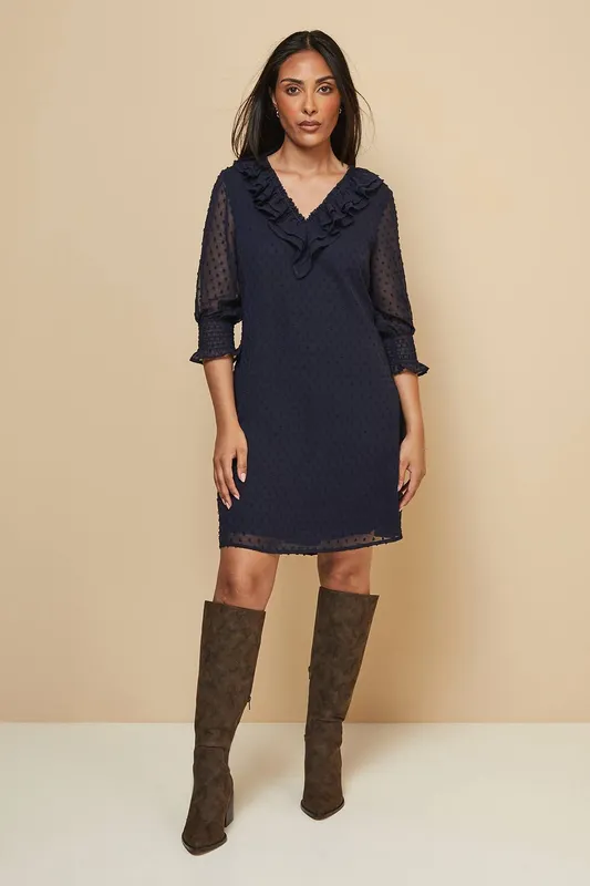 Wallis Women's Petite Dobby Ruffle Shift Dress in Navy Size: 8 - Navy
