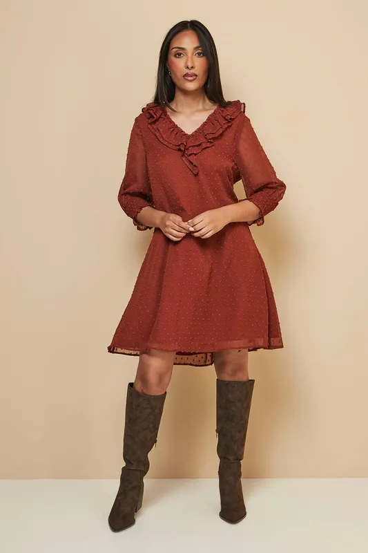Wallis Women's Petite Dobby Ruffle Shift Dress in Rust Size: 12 - Rust