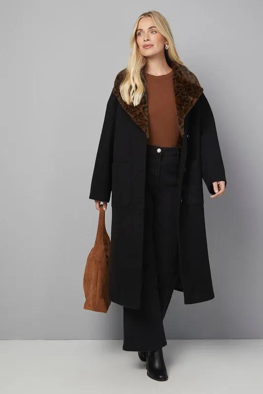 Wallis Women's Petite Leopard Faux Fur Collar Coat in Black Size: 14 - Black