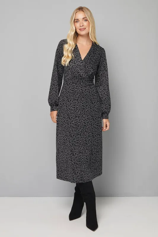 Wallis Women's Petite Leopard Ponte Wrap Midi Dress in Grey Size: 12 - Grey - Size: 12